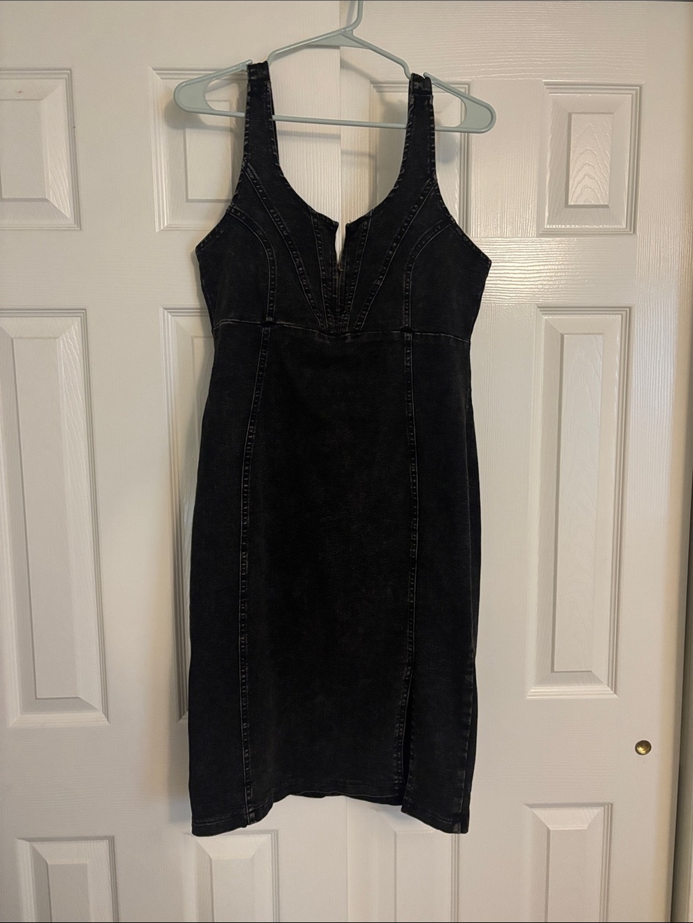 Slim Black Denim Midi Dress with Scoop Neck